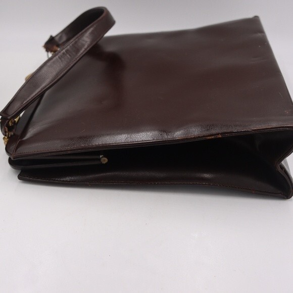 Vintage 1960s Large Brown Leather Handbag Gold Frame Kiss Lock Purse - Picture 8 of 16